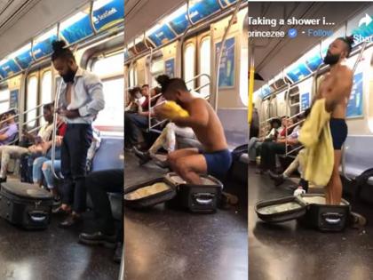 What if it's going in the metro? Now the young man started bathing in the metro, video viral on social media | Video: मेट्रोत चाललंय तरी काय? आता युवकाने चक्क ट्रेनमध्येच सुरू केली अंघोळ