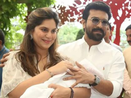 ram charan first appearance with his daughter and wife outside hospital fans gathered | लेकीसोबत रामचरण पहिल्यांदाच आला कॅमेऱ्यासमोर, 'मेगा प्रिन्सेस'ला पाहण्यासाठी चाहत्यांची गर्दी