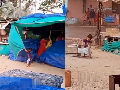 child helps parent in heavy rain, video goes viral on internet | Video: आई-बाबांचं दुकान पडू देणार नाही; सोसाट्याच्या वाऱ्यात चिमुकल्याने दाखवली मोठी हिंमत...