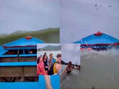 A boat full of tourists was running at full speed in the sea, people scattered in a flash as the wave came; Watch the VIDEO | समुद्रात फुल स्पीडनं धावत होती पर्यटकांनी भरलेली नाव, लाट येताच झटक्यात विखुरले लोक; पाहा VIDEO