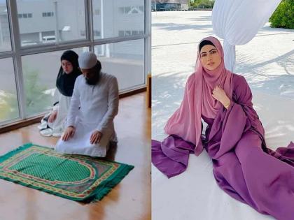 Bollywood Sana Khan with husband offers namaz at airport before leaving for Maldives tour