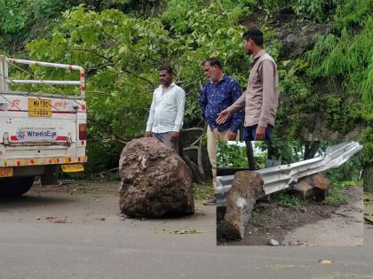 Rock fell in Kannada Ghat; The protective sheet was also broken; A few stones directly into the valley | कन्नड घाटात दगड कोसळले; संरक्षक पत्राही तुटला; काही दगड थेट दरीत