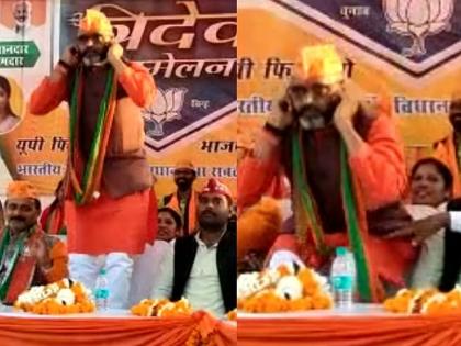 Uttar Pradesh assembly elections 2022 BJP MLA Bhupesh Choubey apologies public rally sit ups video Sonbhadra | UP Election : जनतेची माफी मागत भाजप आमदारानं व्यासपीठावरच घातल्या उठाबशा; पाहा - VIDEO