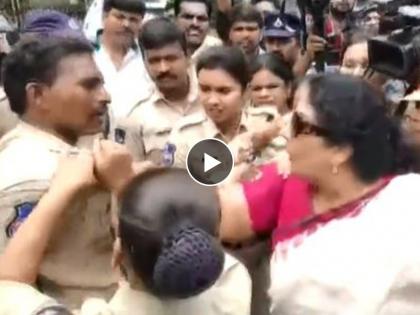 Rahul Gandhi National Herald Case ED Enquiry Congress Female minister Renuka Chowdhury holds policeman by his collar | Video: बापरे! काँग्रेसच्या महिला नेत्याने थेट पोलीस कर्मचाऱ्याची कॉलर पकडली अन्...