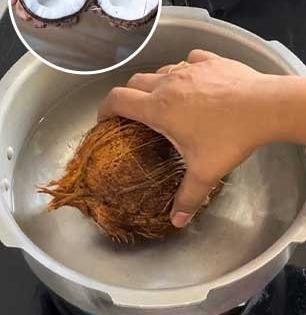 कुकरमध्ये नारळ ठेवून फक्त ३ शिट्ट्या काढा! नारळ फोडायची मेहनतच विसरा, एका मिनिटांत खोबरं हातात...