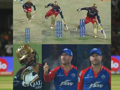 IPL 2023, RCB vs DC Live Marathi : Dinesh Karthik for running in a straight line on the wicket & blocks the view of the stumps, DC Skipper Warner is not happy    | IPL 2023, RCB vs DC Live : डेव्हिड वॉर्नर - दिनेश कार्तिक भिडले; अम्पायरकडे झाली तक्रार, समजून घ्या नेमका प्रकार