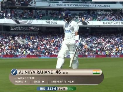 WTC Final IND vs AUS : Ajinkya Rahane dismissed for 46, Rahane has now faced 100+ balls in an innings thrice in WTC Finals. Nobody else has done it more than once, India 213/7 | WTC Final IND vs AUS : अजिंक्य रहाणेही गेला! कोणालाच न जमलेला विक्रम नावावर नोंदवला, भारताच्या ६ विकेट्स