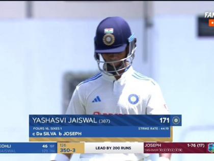IND vs WI 1st Test Live updates Marathi : YASHASVI JAISWAL Score 171 runs (387) with 16 fours and a six; India 350/3, he  (21y 196d) is the youngest Indian to register a 150-plus score on Test debut | १६ चौकार,१ षटकार! यशस्वी जैस्वालची कामगिरी दमदार, मोडला सुनील गावस्करांचा 'युवा' विक्रम