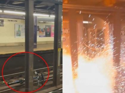 Cycle explodes on subway tracks after being hit by train | VIDEO : रेल्वे ट्रॅकवर पडली होती सायकल, रेल्वे आली तर झाला सिनेमातील सीनसारखा धमाका