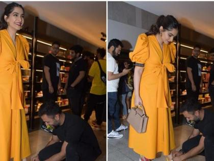 when anand ahuja went down on knees to tie sonam kapoors shoelace | अस्सा नवरा सुरेख बाई! अन् आनंद अहुजाने बांधली पत्नी सोनमच्या बुटांची लेस!!