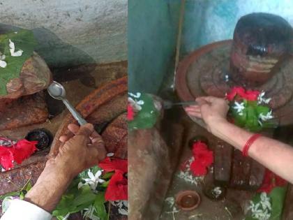 Stone Nandi drinking water in Mahadev's temple?, Big crowd of devotees for darshan | आश्चर्च! महादेवाचा नंदी पितोय चक्क पाणी?; मंदिरात दर्शनासाठी भाविकांची गर्दी, पाहा VIDEO