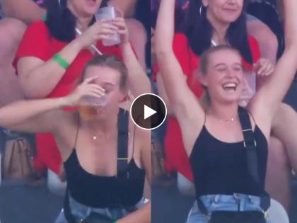 Video of a girl was seen chugging a glass of beer in one large gulp video went viral on internet | लाईट, कॅमेरा, ॲक्शन! क्रिकेटमॅचमध्ये मोठ्या स्क्रीनवर दिसताच पोरीनं गटागट संपवली बिअर अन्...