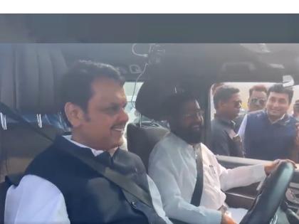 Deputy Chief Minister Devendra Fadnavis himself drove the car during the trial run of the Samriddhi Highway, in which Chief Minister Eknath Shinde himself was sitting | देवेंद्र फडणवीस यांच्या हाती स्टेअरिंग; मुख्यमंत्री एकनाथ शिंदे यांच्यासोबत समृद्धी महामार्गाची पाहणी