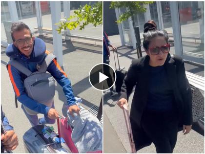 Viral Video Yuzvendra Chahal become coolie carries heavy luggage while his wife Dhanashree walks in with one bag | Dhanashree Yuzvendra Chahal, Video: पतिराजांचे काही खरं नाही! धनश्रीसाठी युजवेंद्र चहल झाला 'कुली'