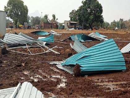 Rain with gale in Pimpalner, Kapdane area leaves on the Godavoon in the farm were blown away | पिंपळनेर, कापडणे परिसरात वादळी वाऱ्यासह पाऊस; शेतशिवारातील गोडावूनवरील पत्रे उडाली