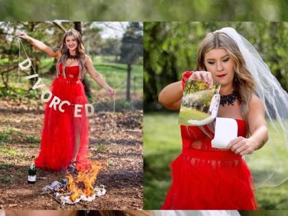 Woman celebrates divorce with photoshoot by burning her wedding gown