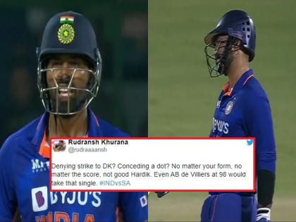 IND vs SA 1st T20: Hardik Pandya denies strike to Dinesh Kartik, fans gets angry; Ashish Nehra is also angry | 'हार्दिकने दिनेश कार्तिकसोबत चुकीचं कृत्य केलं', पांड्यावर चाहते संतापले; आशिष नेहराही नाराज