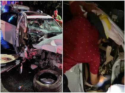 luxury bmw car accident dp road hit the divider | पुण्यात भरधाव कारचा भीषण अपघात; दोन्ही पाय अडकलेल्या अल्पवयीन चालकाची सुटका