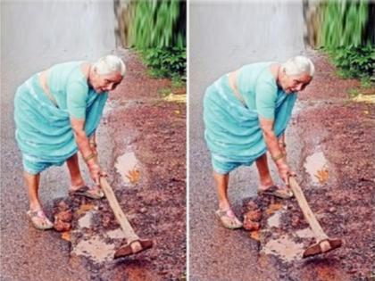 80 year old grandmother rushes to fill potholes she filled the potholes herself with a shovel in her hand in goa | खड्डे बुजवण्यासाठी सरसावली ८० वर्षांची आजीबाई! स्वतः हातात फावडे घेऊन बुजवले खड्डे