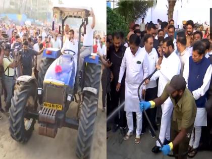 cleanliness drive event on Juhu Beach, Maharashtra CM Eknath Shinde drives a tractor. | Eknath Shinde : मुख्यमंत्र्यांच्या हाती ट्रॅक्टरचं स्टेअरिंग, जुहू बीचवर स्वच्छता मोहिमेत घेतला सहभाग!