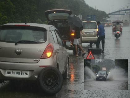 Rain lashed Navi Mumbai too; Car crash on Palm Beach Road; Vehicle tires burst on Sion-Panvel highway | नवी मुंबईलाही पावसाने झोडपले; पामबीच रोडवर कारचा अपघात; सायन-पनवेल महामार्गावर वाहनांचे टायर फुटले