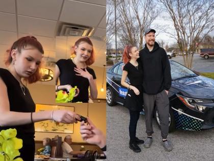 The YouTuber mrbeast jimmy donaldson was happy with the service of the waitress, a shiny new car was given in Tip Watch the young lady's reaction in VIDEO | वेट्रेसच्या सेवेवर खुश झाला यूट्यूबर, 'टिप'मध्ये दिली नवी चकचकीत कार! तरुणीही झाली अवाक; पाहा VIDEO