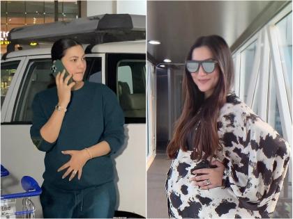 Gauhar khan was seen flaunting baby bump at the airport | Gauahar Khan : गौहर खानने एअरपोर्टवर फ्लॉन्ट केला बेबी बम्प, चेहऱ्यावर आलाय प्रेग्नेंन्सीचा ग्लो