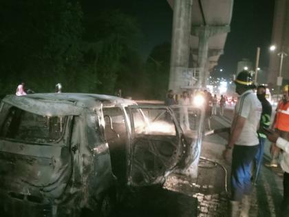 traffic jam on ghodbunder road in thane due to car catching fire | मोटारीने पेट घेतल्याने ठाण्यात घाेडबंदर राेडवर वाहतूक काेंडी