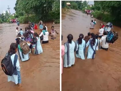 Life-threatening exercise of students while making a road through stream water to go to school | तिकडे बजेटमध्ये कोटींच्या घोषणा, इकडे साधा पूल होईना; विद्यार्थ्यांचा धोकादायक प्रवास