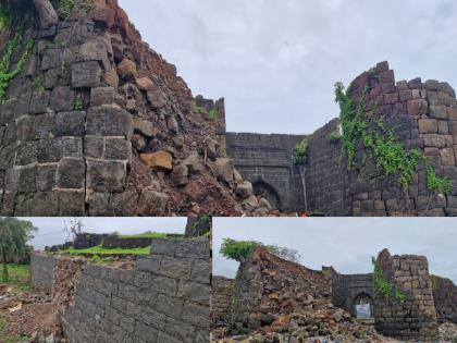 Collapse of the renovated part of the historic Goa Fort at Harnai in Ratnagiri | Ratnagiri: ऐतिहासिक गोवा किल्ल्याच्या डागडुजी केलेल्या भागाची महिन्याभरातच पडझड Collapse of the renovated part of the historic Goa Fort at Harnai in Ratnagiri | Ratnagiri: ऐतिहासिक गोवा किल्ल्याच्या डागडुजी केलेल्या भागाची महिन्याभरातच पडझड