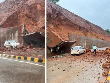 Guard wall collapsed on the highway: Four people in the car survived; Incident at Malpe-Pedne | महामार्गावर कोसळली संरक्षक भिंत, कारमधील चौघे बचावले; मालपे-पेडणे येथील घटना