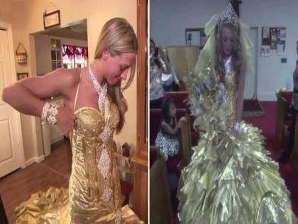 24 carat gold wedding dress for bride memorable viral photo | नवरीने लग्नासाठी बनवला खास २४ कॅरेट सोन्याचा ड्रेस, बघतच राहिले बघणारे...