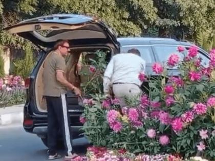 gurugram g20 news, men in luxury car caught stealing flowerpots arranged for g20 | Video: याला काय म्हणावं..? 40 लाखांच्या गाडीत आले अन् चौकात ठेवलेली रोपं चोरुन नेले