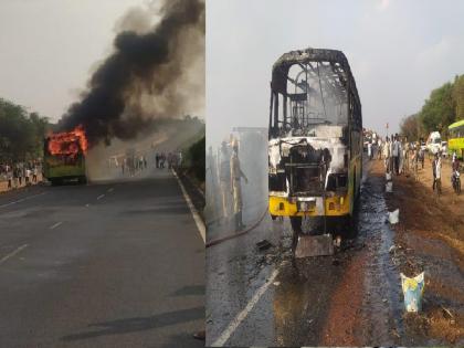 Thrill of burning bus near Hattargi on Belgaum-Kolhapur National Highway | बेळगाव-कोल्हापूर राष्ट्रीय महामार्गावर हत्तरगी जवळ बर्निंग बसचा थरार, बस जळून खाक 