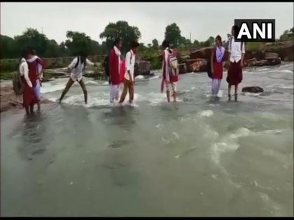 Students in Damoh risk their lives to cross a rivulet that comes on the way to their school in Hatta's Madiyado | Video : शाळेसाठी विद्यार्थ्यांना करावा लागतो जीवघेणा प्रवास