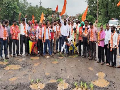 Shiv Sena workers planted paddy in the gravel lying on the Mumbai Goa highway | मुंबई-गोवा महामार्गावर पडलेल्या खड्यात शिवसैनिकांनी केली भात लावणी