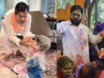 CM Eknath Shinde joy of Dhulwad with grandson; Gave valuable advice to Party workers | मुख्यमंत्र्यांनी लुटला नातवासोबत धुळवडीचा आनंद; कार्यकर्त्यांना दिला मोलाचा सल्ला