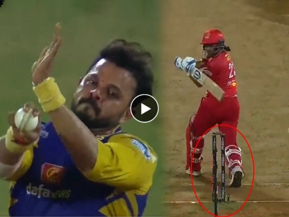 In Legends League cricket, former India bowler S Sreesanth clean bowled Dilshan and the stumps were thrown 4 meters away | Viral Video: लाईव्ह सामन्यात दिसलं श्रीसंतचं रौद्ररूप; चेंडूच्या वेगाने स्टंम्प फेकला गेला दूर