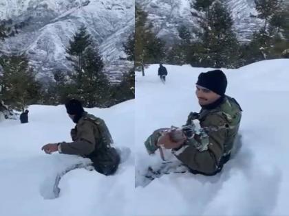 jawan can be seen walking through snow with a smile on his face indian army | जवानांच्या शौर्याला सलाम; कमरेपर्यंत शरीर अडकलं बर्फात, तरीही खंड पडेना कर्तव्यात!