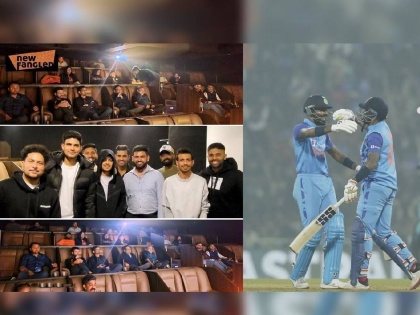 Indian team players watch Shah Rukh Khan's Pathan movie in Ahmedabad ahead of IND vs NZ 3rd T20 match | IND vs NZ: टीम इंडियाला पडली 'पठाण'ची भुरळ; निर्णायक सामन्यापूर्वी घेतला चित्रपटाचा आनंद 