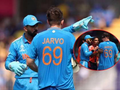 ICC ODI World Cup IND vs AUS Live Marathi : Pitch invader Jarvo dons India jersey, causes security breach, has conversation with Virat Kohli & meets KL Rahul  | IND vs AUS Live : गोंधळ! टीम इंडियाची जर्सी घालून 'तो' मैदानावर घुसला; विराट, लोकेशला भेटला अन्... 