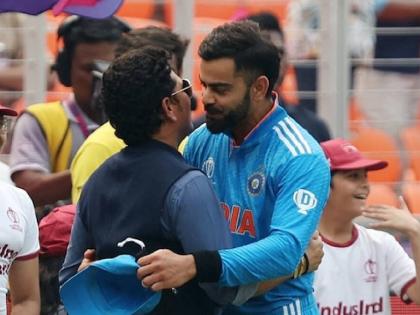 ICC ODI World Cup IND vs SL Live : Virat Kohli has surpassed Sachin Tendulkar's record of most calendar years with 1,000+ ODI runs - 8, Video  | आधी मिठी अन्...! विराट कोहलीने मैदानावर उतरून मोडला सचिन तेंडुलकरचा मोठा विक्रम, Video  