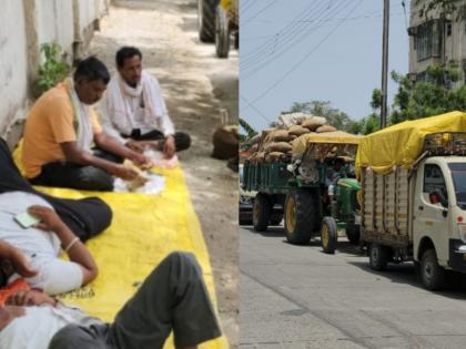 Farmers have food and rest on the road; Turmeric auction will be held tomorrow; But the queue is from this morning itself | शेतकऱ्यांचे रस्त्यावरच जेवण अन् आराम; हळदीचा लिलाव होणार उद्या; पण रांगा मात्र आज सकाळपासूनच