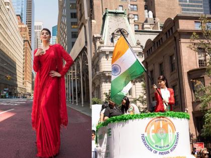 Jacqueline Fernandez joined in 41 st india day parade new york looks goergeous in red saree | जॅकलीन फर्नांडिसने न्यूयॉर्कमध्ये फडकावला तिरंगा, लाल रंगाच्या साडीत दिसली सुंदर परी