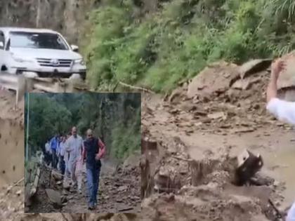 Former Himachal Pradesh Chief Minister Jairam Thakur narrowly escapes a massive landslide after stones fell on his car while he was travelling on the road. | रस्त्याने जात असताना कारवर पडले दगड, भयंकर भूस्खलनातून थोडक्यात बचावले माजी मुख्यमंत्री Former Himachal Pradesh Chief Minister Jairam Thakur narrowly escapes a massive landslide after stones fell on his car while he was travelling on the road. | रस्त्याने जात असताना कारवर पडले दगड, भयंकर भूस्खलनातून थोडक्यात बचावले माजी मुख्यमंत्री