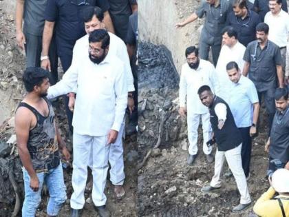 CM Eknath Shinde himself went down to the drain and reviewed the work; Talked to the sewer cleaners too! | एकनाथ शिंदेंनी स्वतः नाल्यात उतरुन कामाचा घेतला आढावा; नालेसफाई कामगारांसोबतही बोलले!