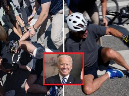 President of America Joe Biden fell off the bicycle, feet stuck in the paddle; Video shared by Donald Trump's son | जो बायडन सायकलवरुन पडले, पॅडलमध्ये अडकला पाय; डोनाल्ड ट्रम्प यांच्या मुलाने शेअर केला व्हिडिओ