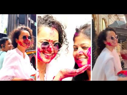 Kangana Ranaut celebrates holi with crew members on the sets of Chandramukhi 2 video viral | कंगणा रनौतने सिनेमाच्या सेटवर केली रंगाची उधळण, पळवून पळवून क्रू मेंबर्सना रंगवलं...