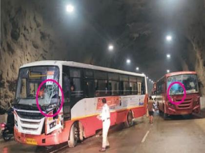 Triple accident in Kashedi tunnel on Mumbai-Goa highway | कशेडी बोगद्यात तिहेरी अपघात, कंटेनर चालकाने अचानक ब्रेक लावला अन् पाठिमागून दोन एसटी बस धडकल्या