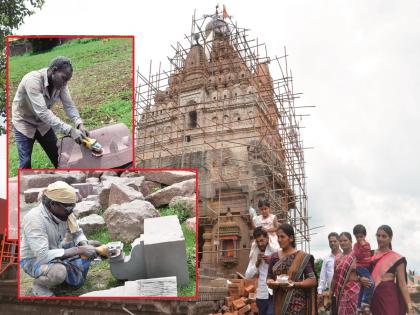 In Chhatrapati Sambhajinagar Khandoba temple is undergoing a 'transformation'; Exactly Hemadpanthi embroidery, work started in traditional way.. | खंडोबा मंदिराचा ‘कायापालट’; परिसरात विखुरलेल्या दगडांचा वापर, हुबेहूब हेमाडपंथी नक्षीकाम